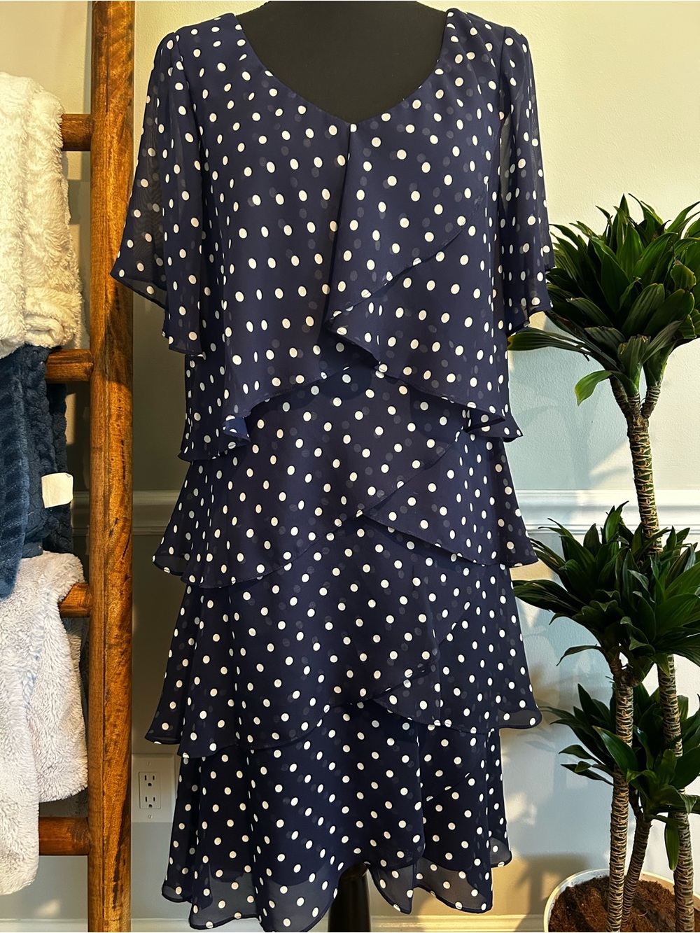 Ignite Evenings Polka Dot Navy Tiered Ruffle Midi Dress - Women Size 14
